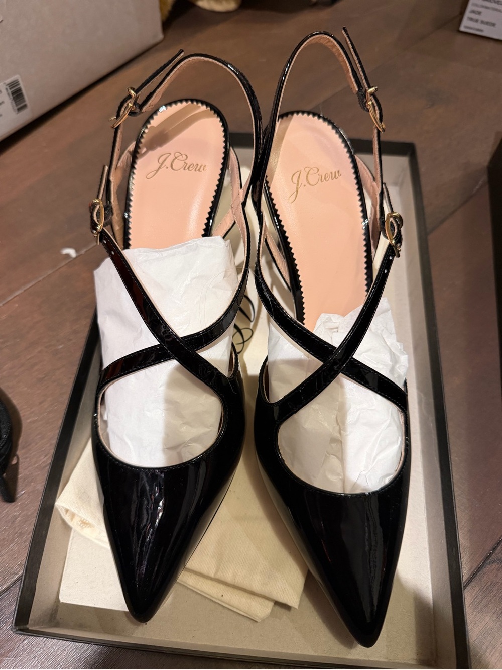 J. Crew Black Patent Crisscross Slingback Pointed Heels